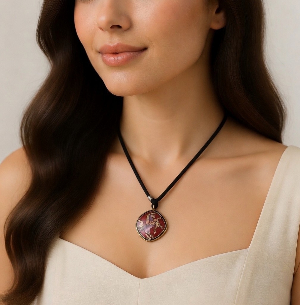 VNTG Red Gold Enamel Cloisonne Horse Unicorn Double Sided Pendant Cord Necklace